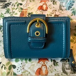 Coach Bifold Leather Wallet Turquoise with Buckle and Change Pockets